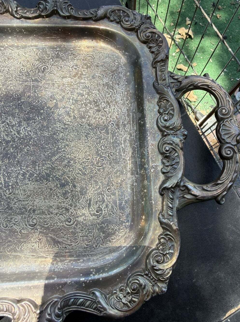 VNTG Ornate Silver Plated Footed Etched Butler Tray Handles L 24” W 10” Heavy - Picture 3 of 11